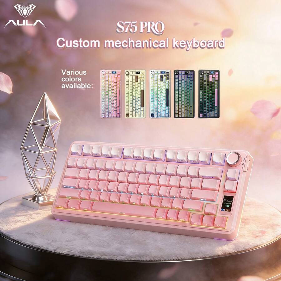 AULA S75 PRO 無線機械鍵盤 三模密封結構 配備多功能顯示螢幕與旋鈕 75% 佈局熱插拔電競鍵盤 預潤滑軸體 RGB 背光 PBT 鍵帽 4000mAh 電池 流暢打字體驗