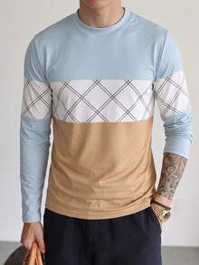Men's Contrast Color Argyle Patchwork Crew Neck Long Sleeve T-Shirt, Casual Versatile Slim Fit Base Layer Top - Mint Blue - View 4