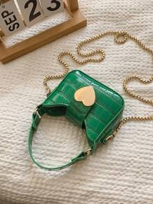 1pc Casual Girl PU Leather Shoulder Handbag, Mini Solid Color Heart Crocodile Embossed Material Shoulder Bag - A - View 7