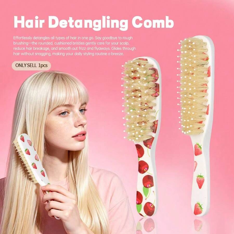 Women's Home Use Detangling Hair Brush, Fresh Fruit Print, Single Independent Package, Round Ball Cushioned Bristles, Smooth Combing For Straight And Curly Hair, Frizz-Smoothing, Portable Hair Care Tool - Red and White - View 1