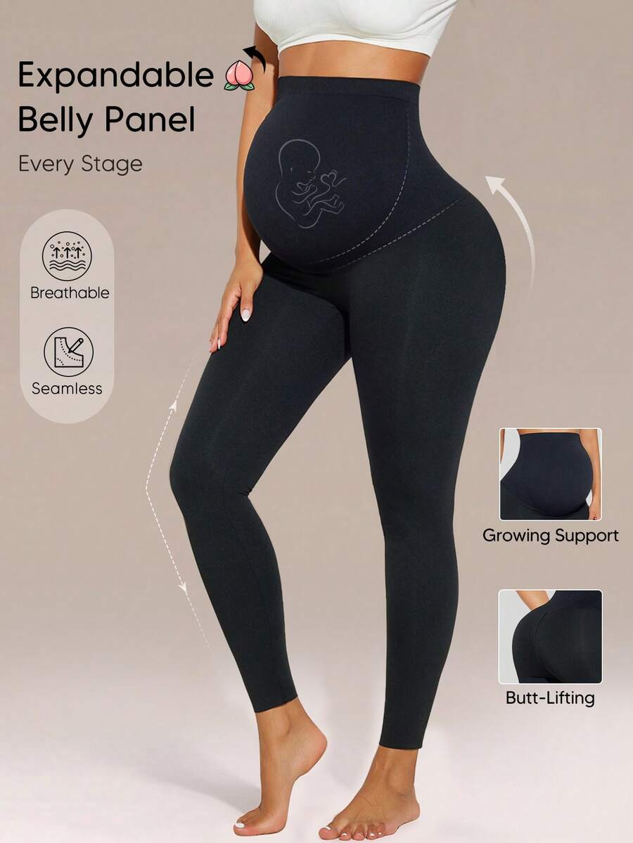 1pc Maternity Solid Color High Waist Slim Fit Long Pants All Season - Black - View 1