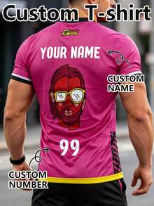Camisa de Futebol Personalizada Masculina Rosa com Nome e Número, Camiseta de Futebol, Presente de Natal, Streetwear, Top Esportivo, Roupa de Outono, Camiseta Casual - Multicolorido - Visão 2