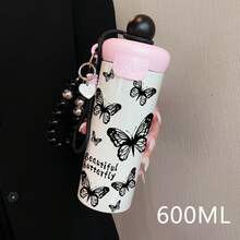 1個 600ML 英文蝴蝶創意蝴蝶結水墨潑染圖案保溫杯，時尚便攜掛繩水壺，不鏽鋼咖啡杯，適合辦公室與旅行，推薦送給朋友/家人的咖啡禮物 - 彩色 - 查看 1