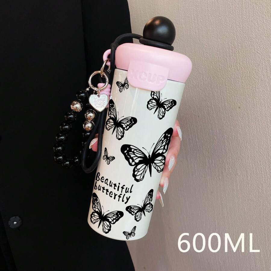 1個 600ML 英文蝴蝶創意蝴蝶結水墨潑染圖案保溫杯,時尚便攜掛繩水壺,不鏽鋼咖啡杯,適合辦公室與旅行,推薦送給朋友/家人的咖啡禮物 - 彩色 - 查看 1