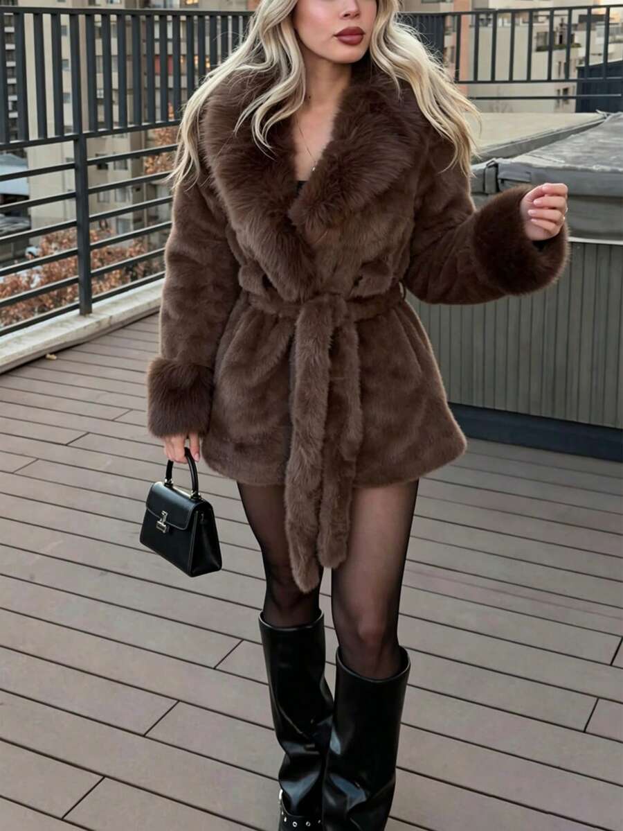 1pc Solid Color Faux Fur Belted Jacket For Women, Suitable For Autumn/Winter Vacation - Rust Brown - View 1