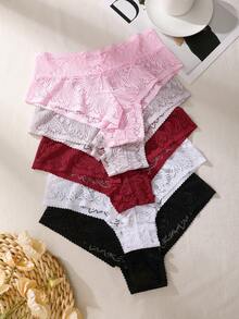 FINETOO 5pcs/Pack Women's Full Lace Hollow Floral Mid-Waist Thong Panties, Romantic Sexy Lingerie, Suitable For Spring And Summer - Multicolor - View 5