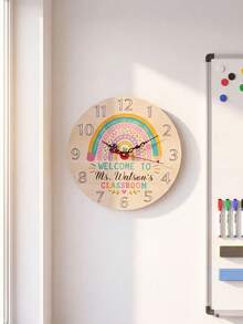 Personalized Custom Name Wooden Wall Hanging Clock, Silent Non‑Ticking Round Timepiece, Thoughtful Customized Teacher Appreciation Present, Boho Rainbow Home Interior Wall Decoration Accessory - Multicolor - View 10