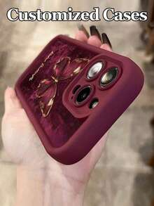 夢幻紫色金脈流體藝術白邊客製化個性化草寫姓名手機殼，獨特手寫浪漫美學防震保護殼，適用所有手機機型 - 酒紅色 - 查看 6