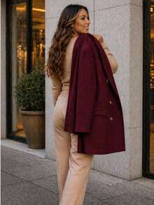 Women's Overcoat Blazer, Long Tailored Premium Elegant Formal Winter Fashion Casual Chic Long Winter Blazer With Pockets, Cold Weather Jacket - 酒紅色 - 查看 3