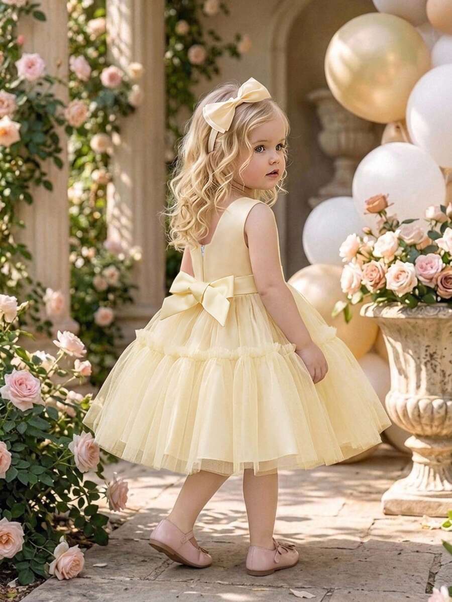 女嬰無袖純色網紗腰部蝴蝶結蓬蓬裙派對禮服,適合生日派對,附髮箍 - 香檳色 - 查看 1
