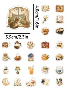53pcs Vintage Pastoral Watercolor Cozy Life Sticker Pack, Retro Aesthetic Warm Home Cat Window, Coffee, Bakery, Travel Stationery, Waterproof Vinyl Stickers, Suitable For Planner, Notebook, Laptop, Water Bottle, Journal, Gift Wrapping, Perfect Gift - Vintage Accessories - View 2