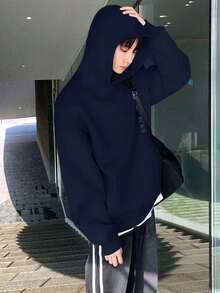 1pc Teen Boy Design Versatile Personalized Fashion High Street Loose Fleece Hooded Sweatshirt Spring Autumn (Actual Size Runs Small, Recommend Ordering One Size Up Based On Image Effect) - Navy Blue - View 3