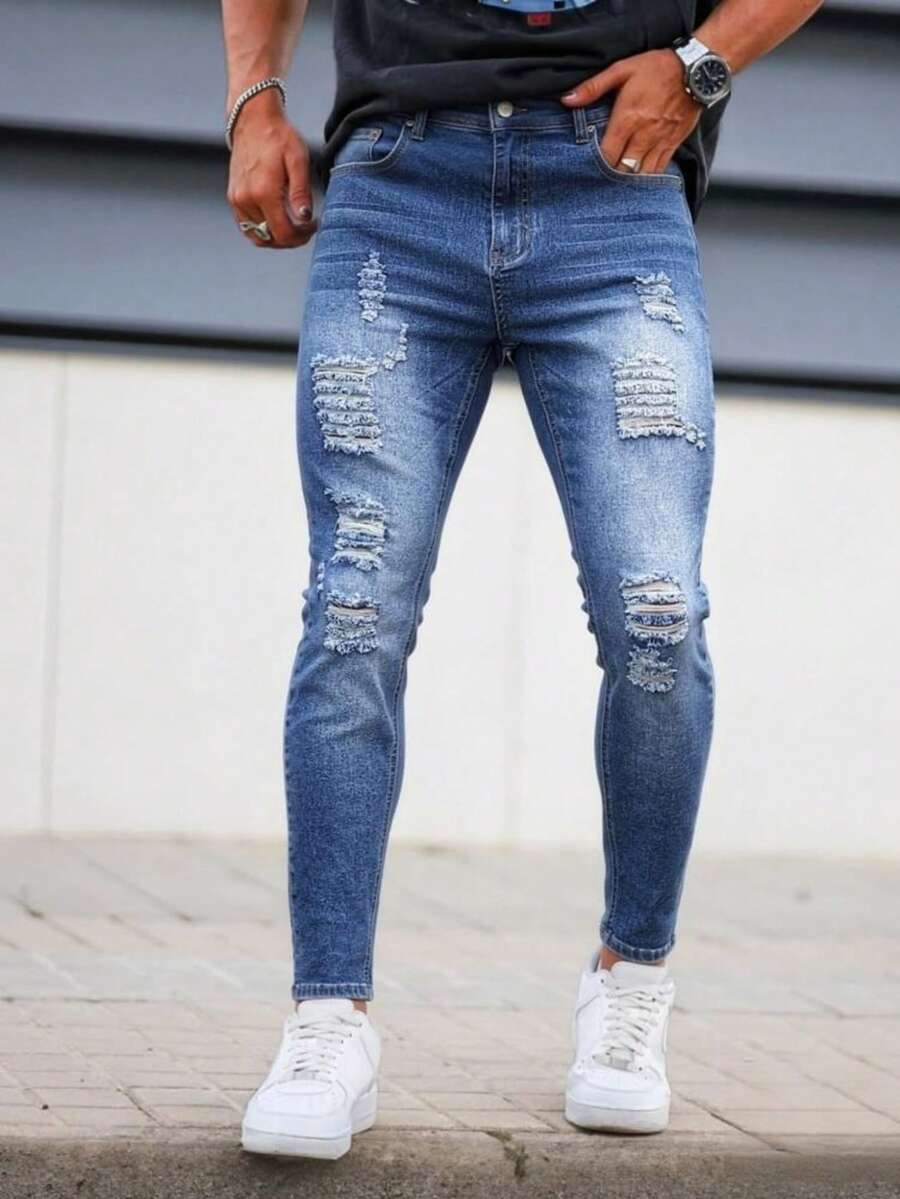 Fashion Casual Street Distressed Denim Jeans For Men - Medium Wash - View 1