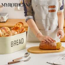 Myrothcane 1pc Metal Bread Box With Bamboo Lid, Large Capacity Bread Bin, Printed With "BREAD" Text, Kitchen Countertop Bread Storage Container, Farmhouse Style Kitchen Food Storage Organizer - Yellow - View 7