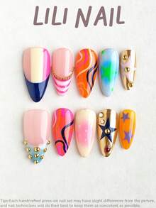 10pcs Handmade Press On Nails Almond Nails, Cute Summer Nails, Pink Nails, Star Print, Striped Pattern, French Tip, Powder,Gradient, Gold Bead, Rhinestone Nails, Hand Painted, Daily Party Wear Reusable Nail Set With Nail Tools - Multicolor - View 3