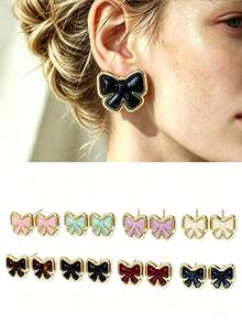 1 Pair Sweet Style Dopamine Resin Gold-Rimmed Bow Stud Earrings For Women, Daily Commute, Date, Versatile Earrings (Non-Metal Parts Are Handmade Drip Glue Gradient Craft, Each Earring Has Slight Differences In Color Depth And Pattern, Cannot Be Perfectly Identical, Which Is Normal) - Yellow Gold - View 1