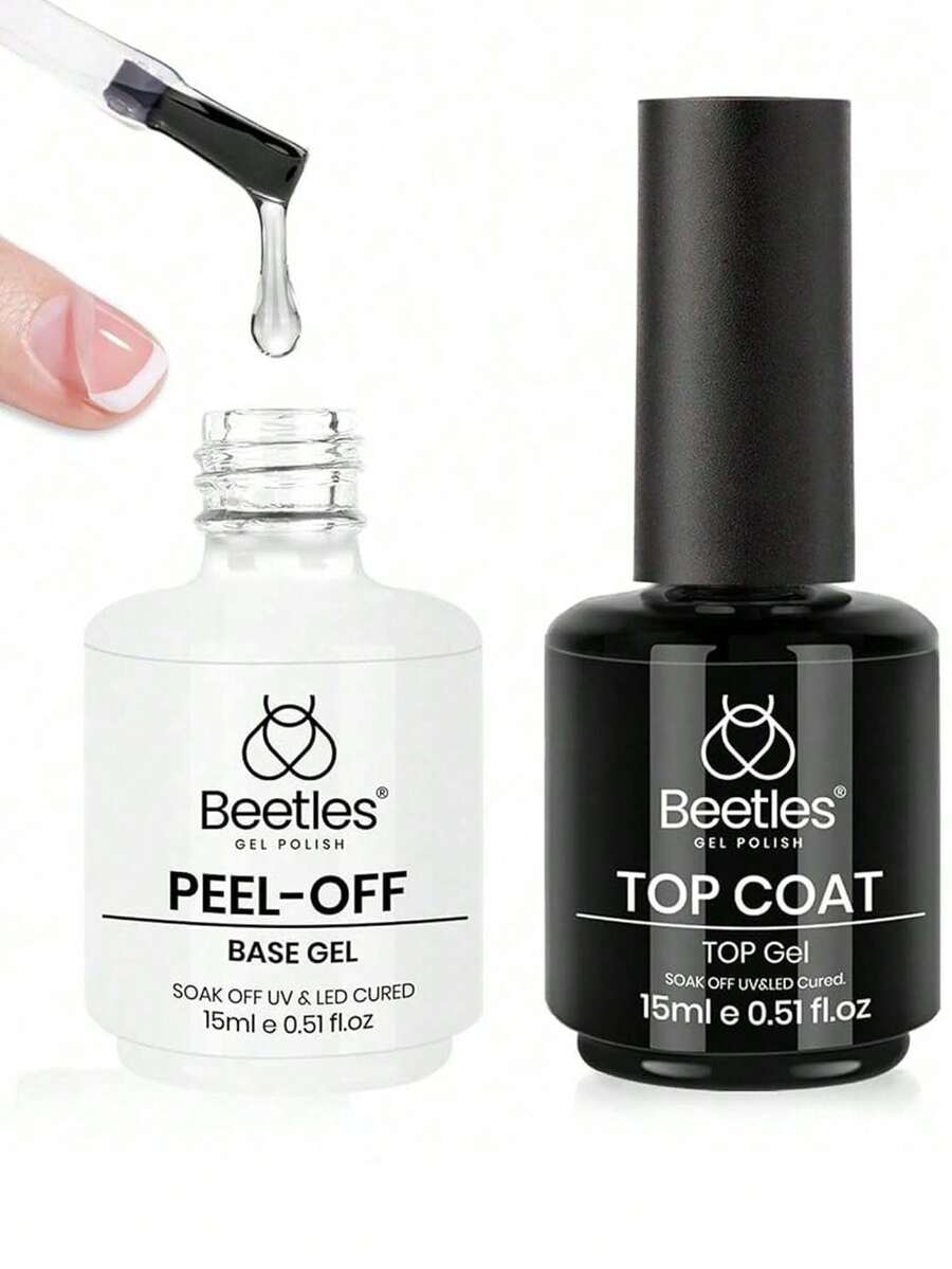 Beetles 2件組 15ML 免擦封層 & 可撕底膠,透明浸泡式 UV LED 凝膠指甲油,高光澤亮面 - 2PCS 15ML Peel-Off Base Gel & No Wipe Top Coat Set - 查看 1