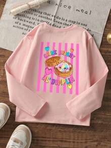 Tween Girls Cute Dumpling Graphic Long Sleeve Tee, "Shine Bright Lil' Dumplin" Letter Print Casual Top - Pink - View 3