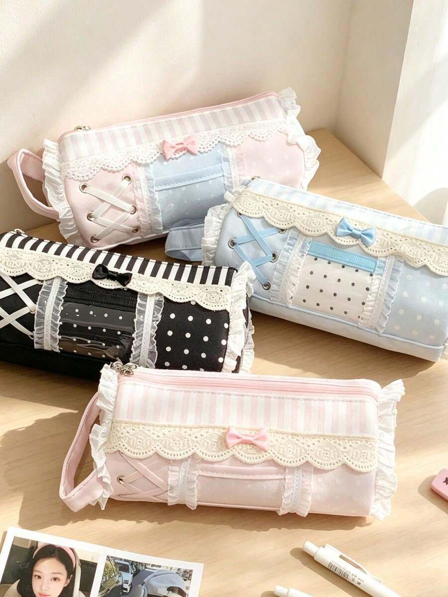 Cute Lace Pencil Case With Ruffled Bow Decoration Stationery Bag, Large Capacity Handheld Pencil Case, Multifunctional Portable Brush Storage Bag - Multicolor - View 1