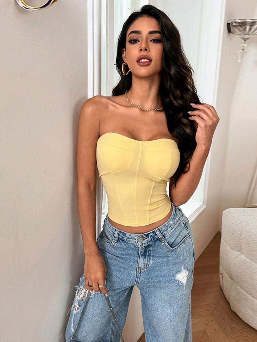 Women's Summer Casual Yellow Tank Top, Fashionable Sexy Backless Top, Y2K Style, Suitable For Vacation And Beach - Yellow - View 1