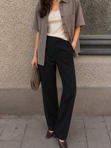Women's Elegant High Waist Layered Overlay Panel Full Length Tailored Pants - 黑色 - 查看 2