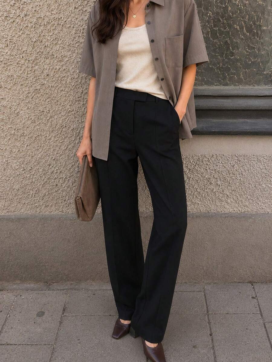 Women's Elegant High-Waisted Layered Overlay Tailored Full-Length Pants - Black - View 1