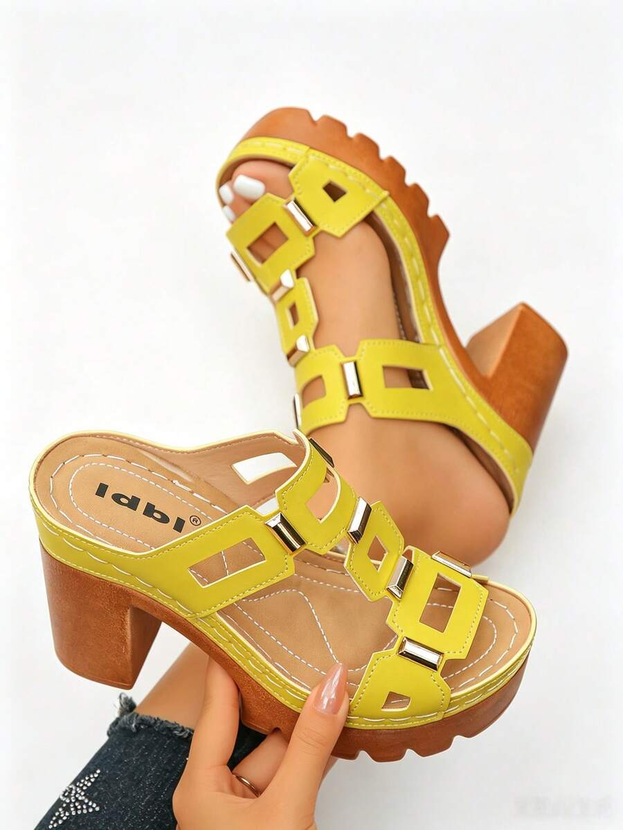 Women's High Heel Sandals Metal Buckle Wide Strap Lightweight Comfortable Chunky Heel Casual Commute Slip-On Sandals Slides, Platform Heels