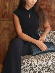 Crop Tops For Women Beige Black Cap Sleeve Vest Top Woman Summer Frog Button Chinese Style Tank Tops Elegant Mandarin Collar Slim Fit Outfits - Black - View 4