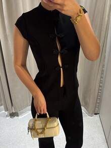 Crop Tops For Women Beige Black Cap Sleeve Vest Top Woman Summer Frog Button Chinese Style Tank Tops Elegant Mandarin Collar Slim Fit Outfits - Black - View 3