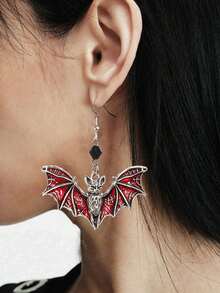 Vintage Gothic European American Halloween Purple Bat Quirky Gemstone Dark Beaded Retro Punk Gothic Bat Jewelry Pendant Earrings, Y2K Earrings, Bohemian Style - Red - View 2