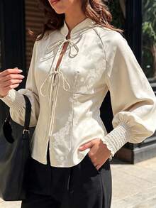 Elegant Women's New Chinese Style Apricot Floral Jacquard Blouse With Cheongsam Collar, Decorated With Bow Tie And Shirred Cuffs, Suitable For All Seasons - Apricot - View 1