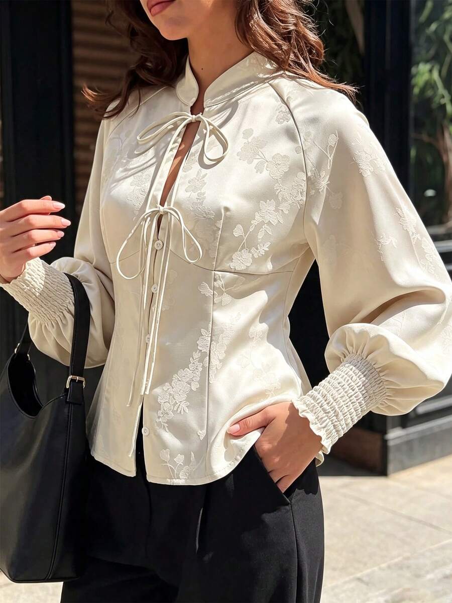 Elegant Women's New Chinese Style Apricot Floral Jacquard Blouse With Cheongsam Collar, Decorated With Bow Tie And Shirred Cuffs, Suitable For All Seasons - Apricot - View 1