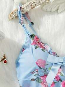 2 Pieces Sexy Lingerie & Sleepwear Set, Complete 2 Pieces Set With Matching Thong, Delicate Ruffle Hem, Eye-Catching Floral Pattern - Blue - View 3
