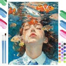 Girl With Closed Eyes And Fish Oil Painting Decorative Art, DIY Adult Digital Oil Painting Set, Includes Acrylic Paint And Brushes (Frame Not Included), 40x50cm/16x20in, Canvas, Brushes And Instructions (Frame Not Included) - Sets - View 2