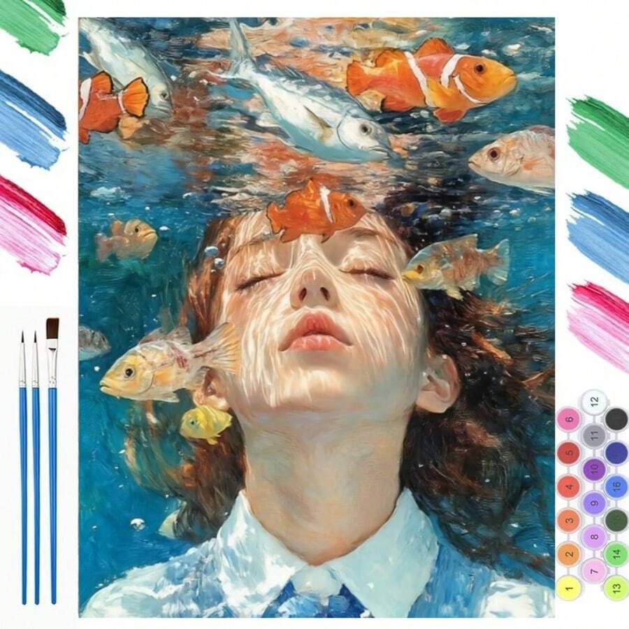 Girl With Closed Eyes And Fish Oil Painting Decorative Art, DIY Adult Digital Oil Painting Set, Includes Acrylic Paint And Brushes (Frame Not Included), 40x50cm/16x20in, Canvas, Brushes And Instructions (Frame Not Included)