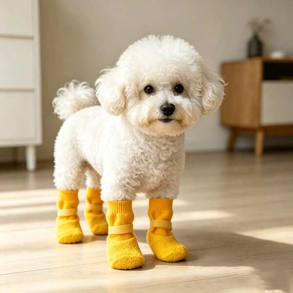 4-Pack (1 Set Of 4) Waterproof Pet Dog Shoes Non-Slip, Soft Sole, Suitable For Bichon FriseAdjustable Anti-Slip Dog Socks, Soft Rubber Sole Pet Booties, Waterproof Paw Protector For Small Medium Dogs Indoor Outdoor Use