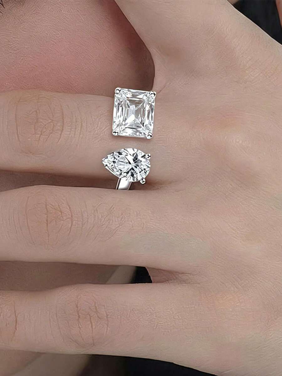 MONALLY Luxury Adjustable Two Stone Open Ring For Women, Princess Pear Cut Cubic Zirconia Wedding Engagement Statement Ring Fine Jewelry - Open Ring - View 1