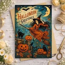 1 Greeting Card + 1 Envelope Mystical Halloween Greeting Card, Witch Flying On Broomstick "Halloween Greetings", Perfect For Friends, Spooky Autumn Vintage Art Style. - View 8