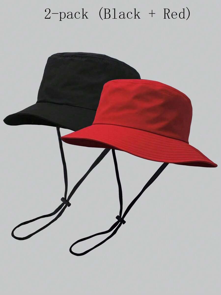 2pcs/Set (Hitam + Merah) Topi Ember Warna Polos Unisex dengan Tali Tahan Angin yang Dapat Diatur, Topi Matahari Olahraga Kasual Ringan dan Modis untuk Aktivitas Luar Ruangan, Perjalanan, Mendaki, dan Panjat Tebing untuk Semua Usia, Perlindungan UV Musim Panas - Paket isi 2 (hitam + merah) - View 1