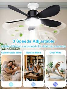 20.5" Socket Ceiling Fan With Remote, E27 Screw In Design, 3 Color Temperature & 3 Quiet Speed, 1/2/4H Timer & Night Light, Perfect For Bedroom Kids Room Living Room Home Indoor(Black Blades) - Black - View 5