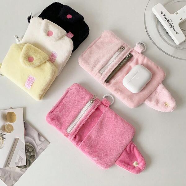 1pc Minimalist Plush Coin Purse, Bi-Fold Bank Card & Meal Card Holder, Women's Wallet, Wristlet Wallet, Hanging Card Holder, Wallet Keychain, Snap Button Design Pendant Storage Bag, Student Bus Card Mini Pouch, Travel Essential, School Essential, College Essential, Bag Charm, Mini Wallet Essential Item, Office Desk Accessory, School Supplies