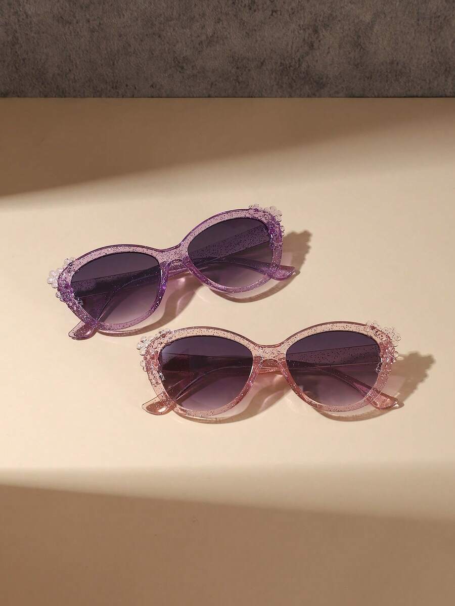 2 PCS Girls 5-9Y Glitter Flower Decor Cat Eye Fashion Glasses Lightweight PC Frame Soft Tinted Lens Casual Sweet For Travel Party With Glasses Box - Multicolor - View 1