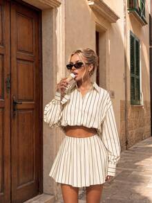 Roviva Women's Autumn/Spring/Summer New Bohemian Vintage Striped 2 Pieces Set, Button-Down Striped Shirt + Striped Mini Skirt, Suitable For Beach, Party, Outdoor Street Photography, Daily Wear, Dating, Back To School, Teacher's Day, Commuting, Office, Casual Vacation, Music Festival - Brown - View 5