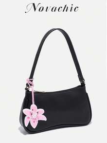 Novachic Minimalist Handmade Beaded Floral Decor Pendant, Summer Beach Vacation Style Women's Zipper Shoulder Bag, Underarm Bag, Hobo Bag, - Black - View 2