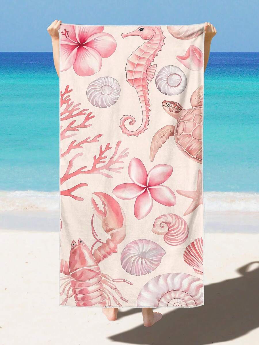 1pc Pink Ocean Creature & Floral Print Beach Towel, Modern Style Fiber Rectangular Travel Home Beach Towel, Suitable For Swimming, Diving, Summer - Multicolor - View 1