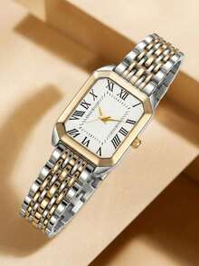 3PCS Women's Wrist Watch Classic Minimalist Luxury Square Dial Design Roman Numeral Scale Two-Tone Strap With 1pc Rhinestone Bracelet + 1pc Gift Ring, Suitable For Daily Wear, Holiday Party, Gathering, Valentine's Day, Wedding, Anniversary, Christmas, New Year And Other Occasions, Or As The Best Holiday Gift For Women, Perfect Gift For Girlfriend - Multicolor - View 4