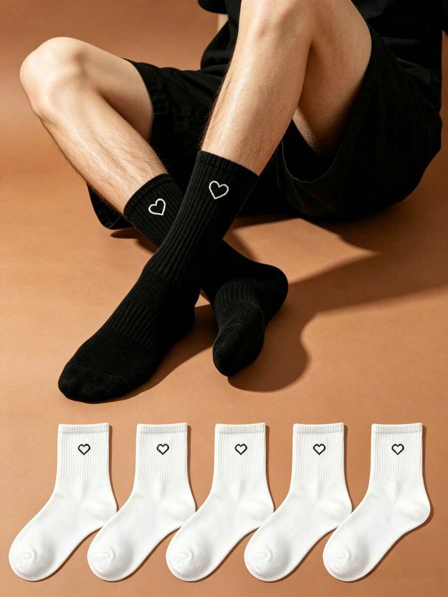 1/3/5 Pairs Men's Mid-Calf Socks, Black & White Heart Pattern Socks, Unisex Sports Socks, Korean Style Versatile Black & White Heart Mid-Calf Socks, All-Season Wear, Soft & Breathable, Skin-Friendly & Comfortable, High Elasticity, Moisture-Wicking & Sweat-Absorbing, Durable & Non-Tight; Suitable For Daily Commute, Casual Wear, Basketball, Cycling, Hiking, Running And Other Sports, Sports Socks, Fitness Training Socks. - Multicolor - View 1