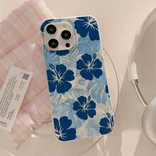 1PC Blue Hibiscus Pattern Acrylic Curved Feather Phone Case, Compatible With Apple 17 16 15 14 13 12 11 Plus Pro Max Series, Personalized Ins Style Protective Cover, Fashion - Multicolor - View 4