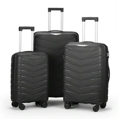 V-Striped 3-In-1 PP Trolley Case 20in 24in 28in PP Iron Trolley Classic Color - Black Grained Pattern