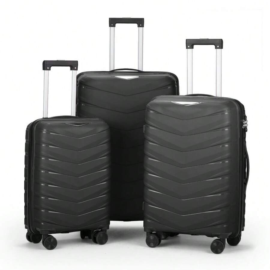 V-Striped 3-In-1 PP Trolley Case 20in 24in 28in PP Iron Trolley Classic Color - Black Grained Pattern - As Pic - View 1